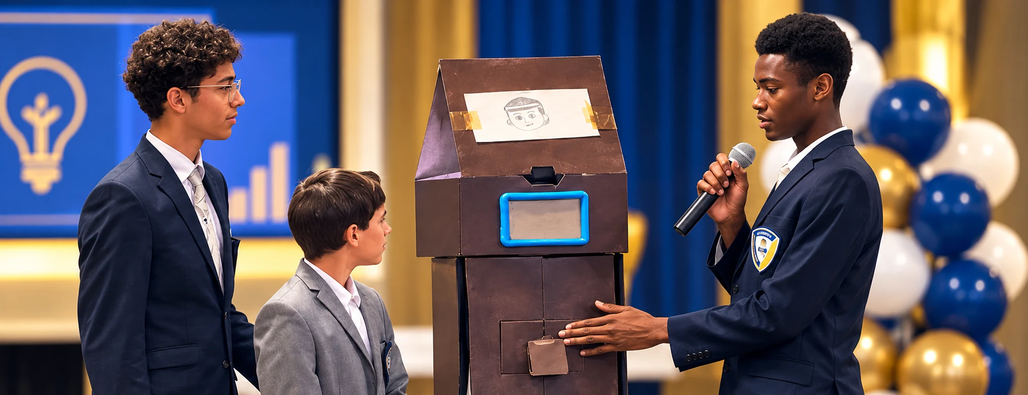 Three student founders in blazers pitching a handmade prototype; one presents with a microphone
