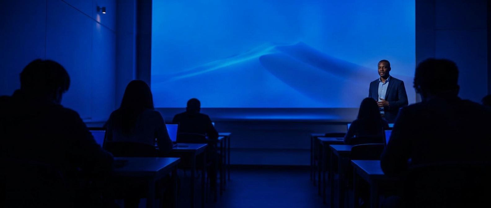 Students in a classroom seminar listening to a guest speaker